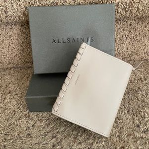 NEW! All Saints Kita Small Zip Around Wallet Braided Leather Cream Beige